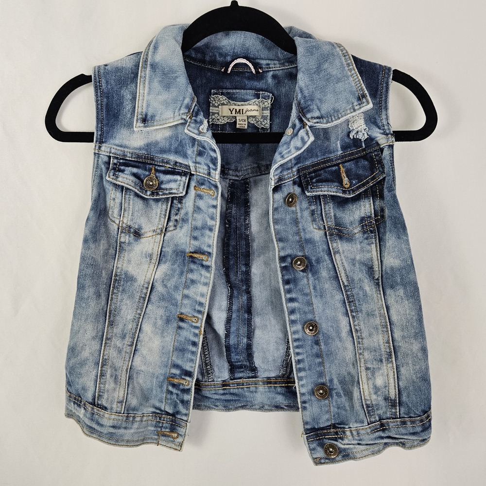 YMI Jeans Denim Vest Blue Distressed Acid Wash Size Small